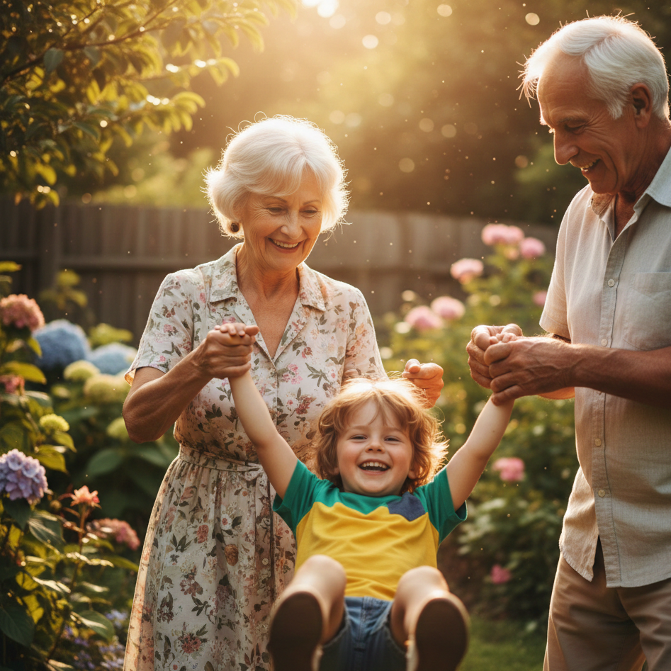 Adultos de la tercera edad jugando con un niño